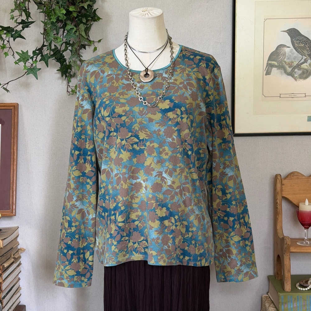Blue Brown Floral Satin Trimmed Long Sleeve Tee Indie Grunge L Fairy Whimsy